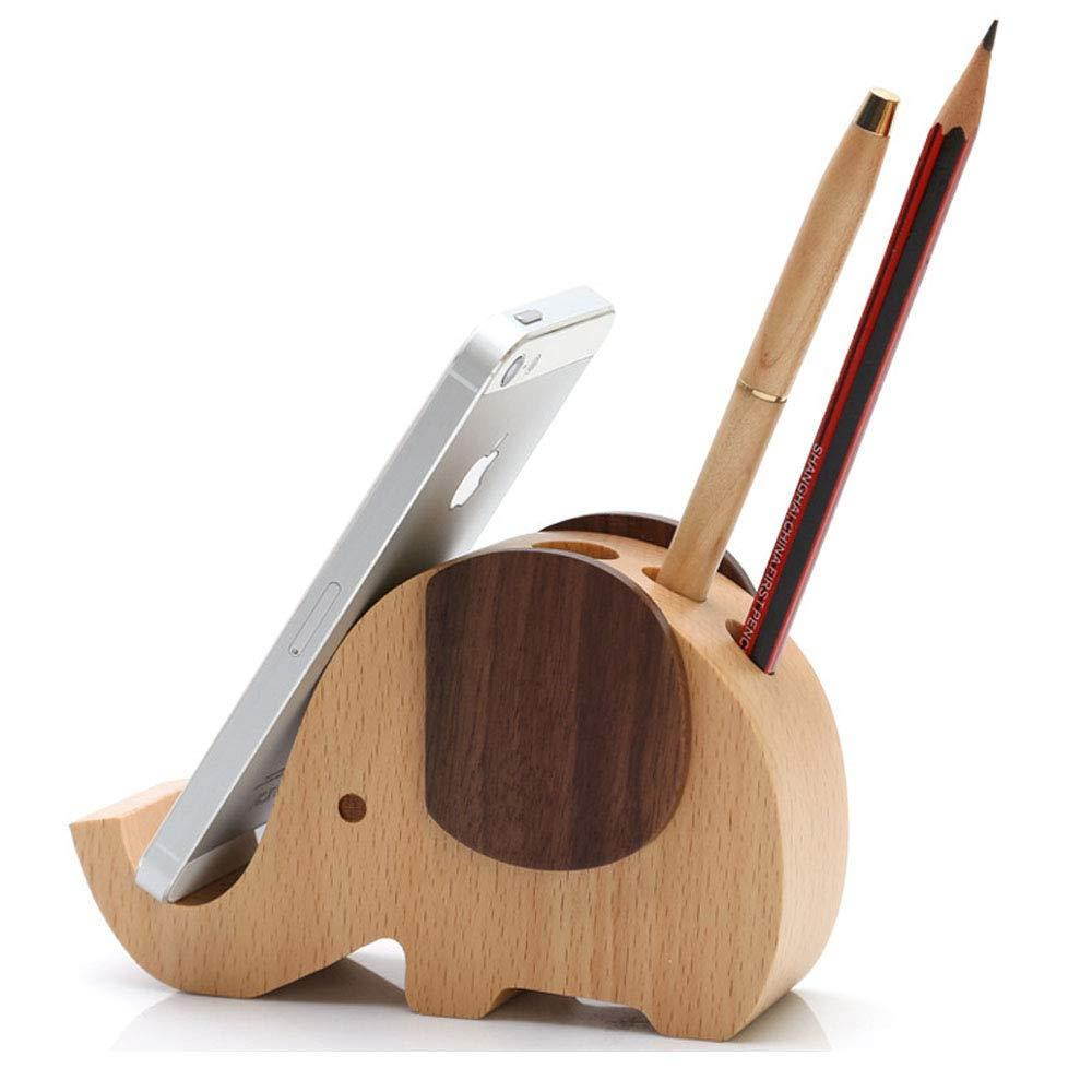 Elephant Shape Wooden Desk Pen Stand/Holder with Mobile/Cell Phone Holder, Perfect Office Desktop Organizer Comes with One Beautiful Design Wooden Pen - by Crystal Collection