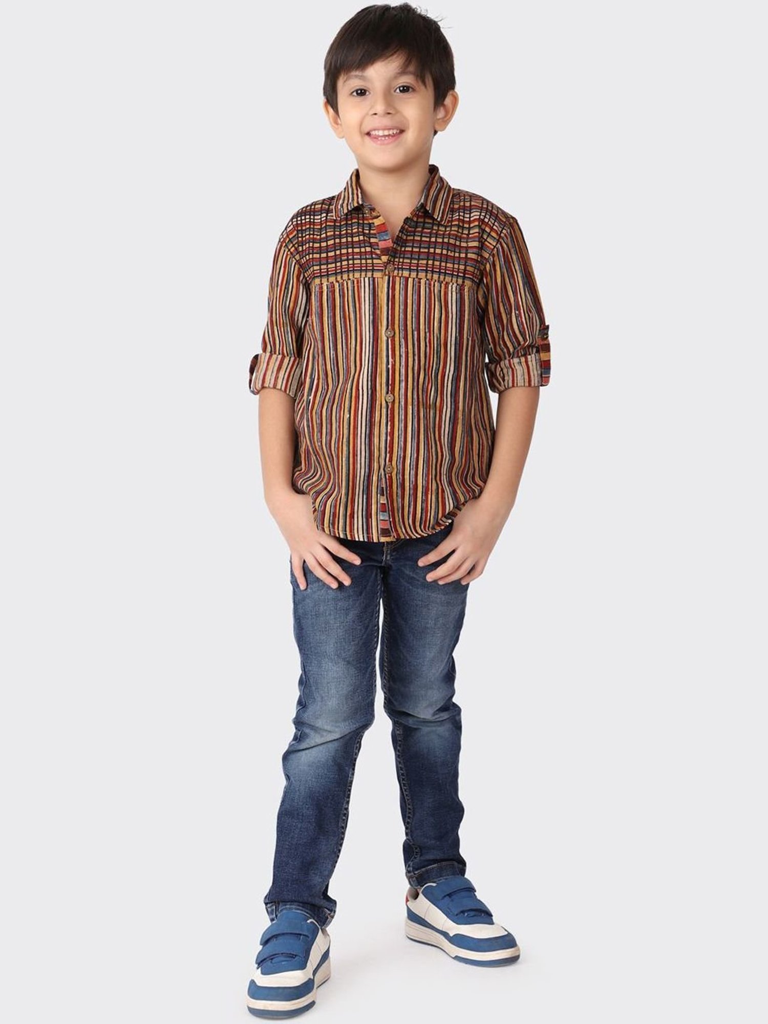 Fabindia Kids Brown & Black Cotton Printed Shirt