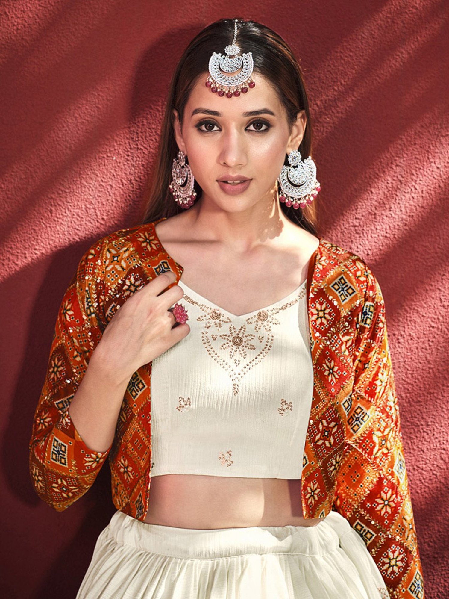 SHUBHKALA Beige Embellished Lehenga and Choli Set With Jacket