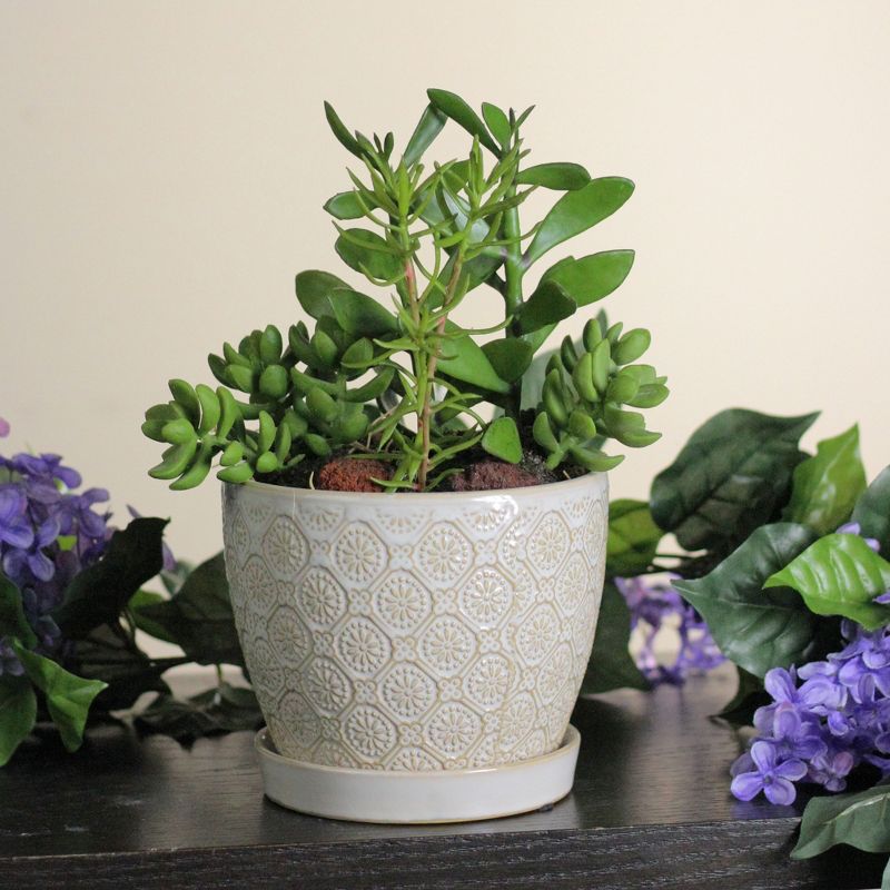 Napco 5.5" Antique Style Textured Flower Indoor Planter - White/Brown