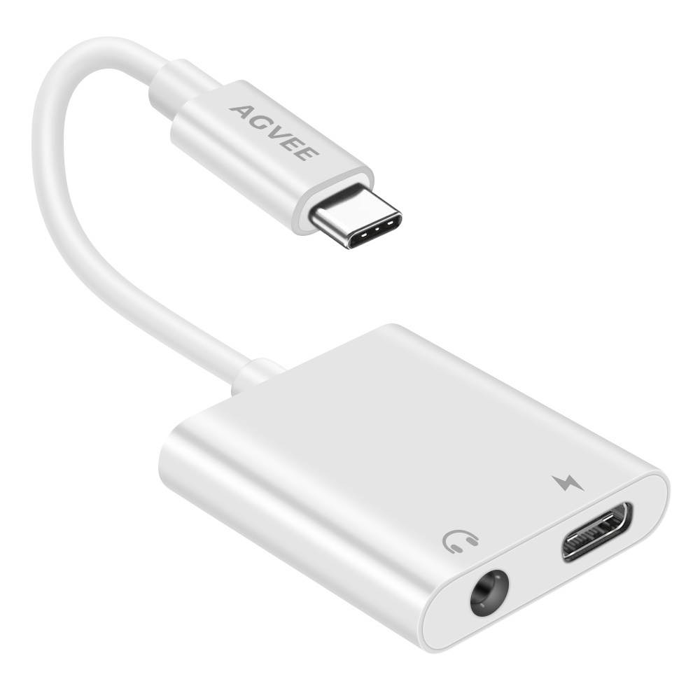 AGVEE 2-in-1 USB-C to 3.5mm Jack Microphone Headphone Adapter, Type-C Mic AUX Earbud Splitter, USBC Audio Earphone Converter, PD Charging Dongle for Samsung S21 S20 Note 20/10, iPad Pro, Pixel, White