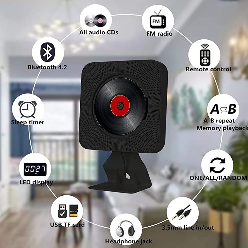 CD Player Wall Mountable Desk Bluetooth 4.2 with Display Sleep Timer USB TF MP3 AUX in/Out White 2021 Highest Upgraded