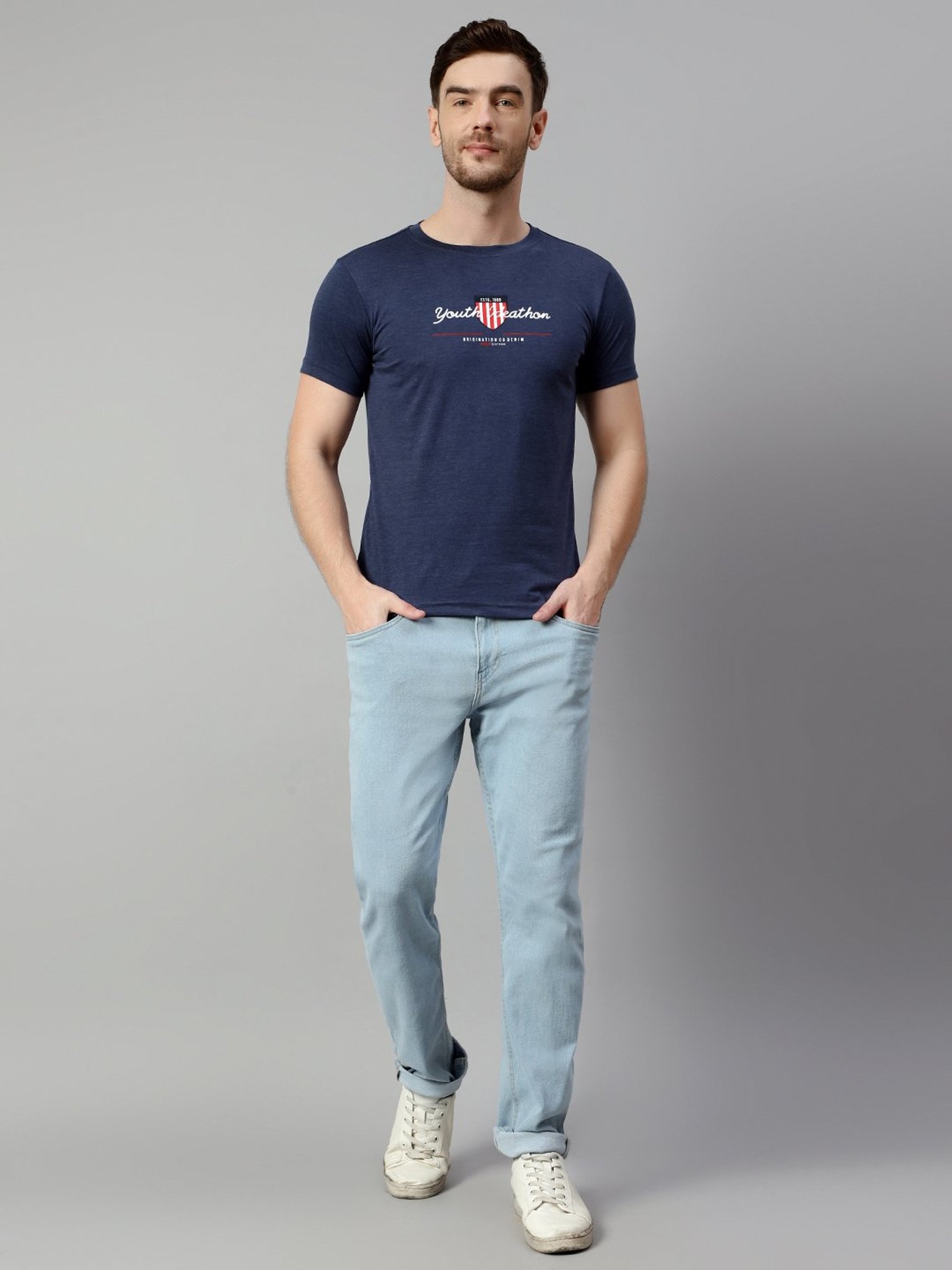 Cantabil Blue Regular Fit Printed Crew T-Shirt