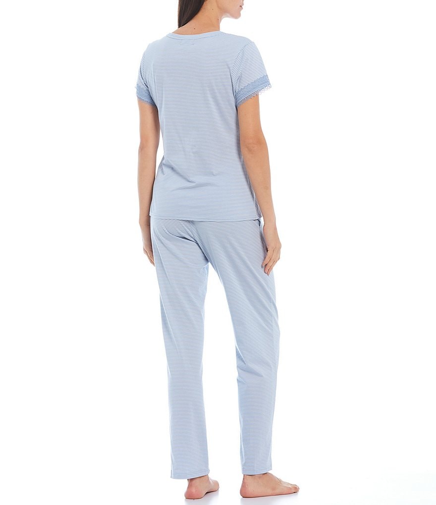 Miss Elaine Luxe Knit Stripe Print V-Neck Short Sleeve Coordinating Pajama Set