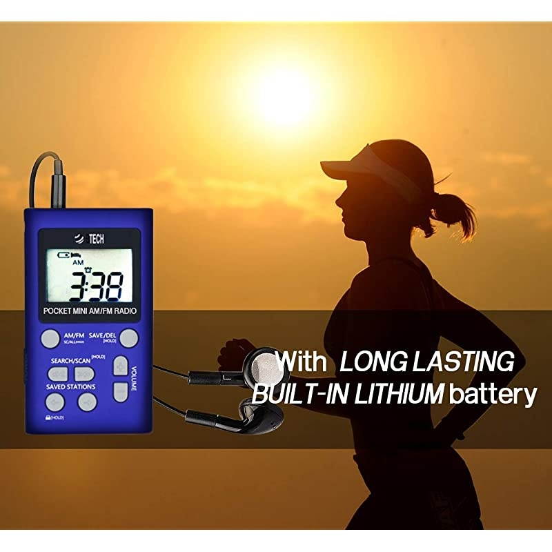 MPRAF1 AM FM Personal Radio with Two Types of Stereo Headphones Clock Great Reception and Long Battery Life Mini Pocket Walkman Radio with Headphones Blue