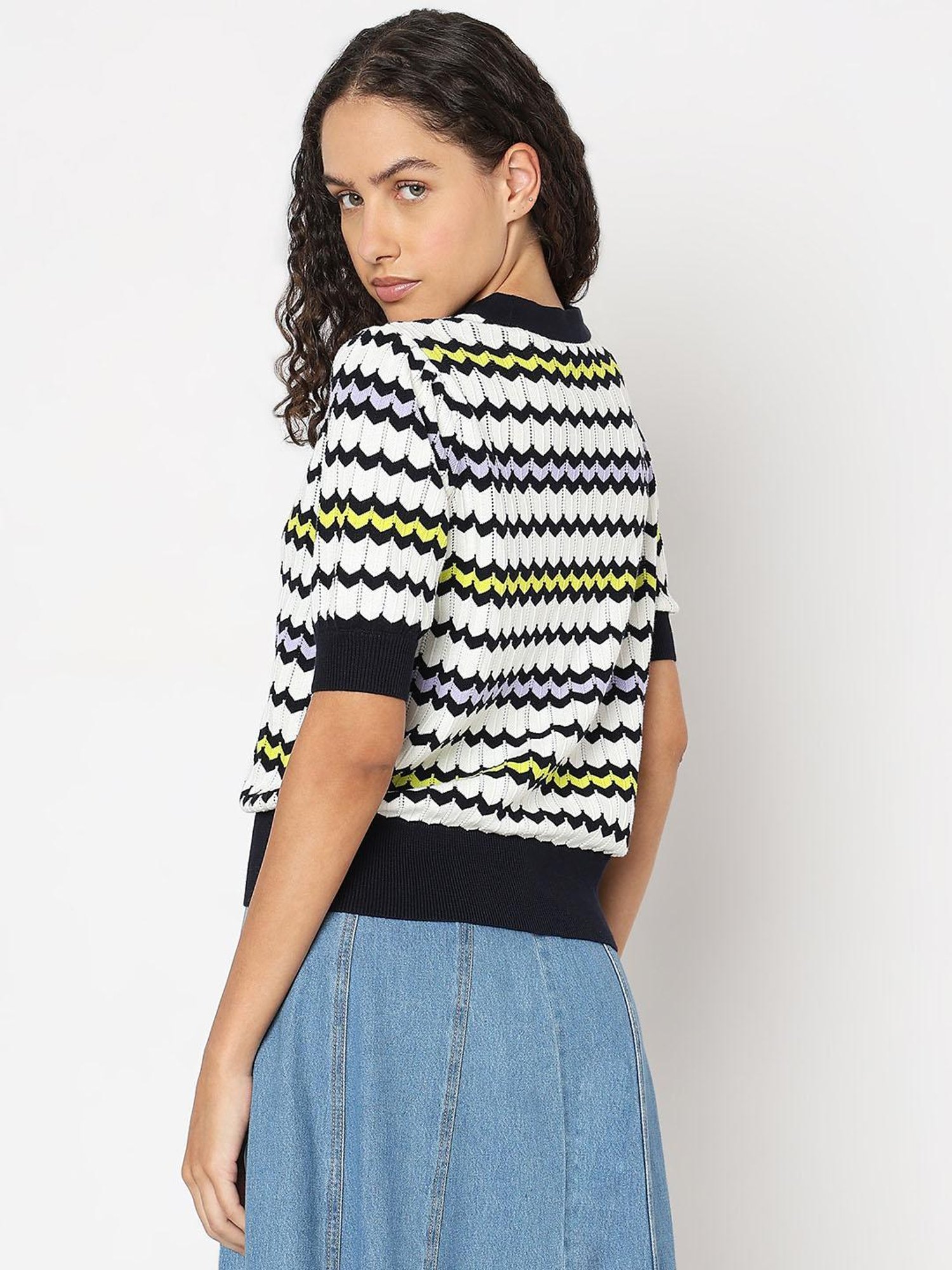 Vero Moda White & Black Cotton Self Design Top