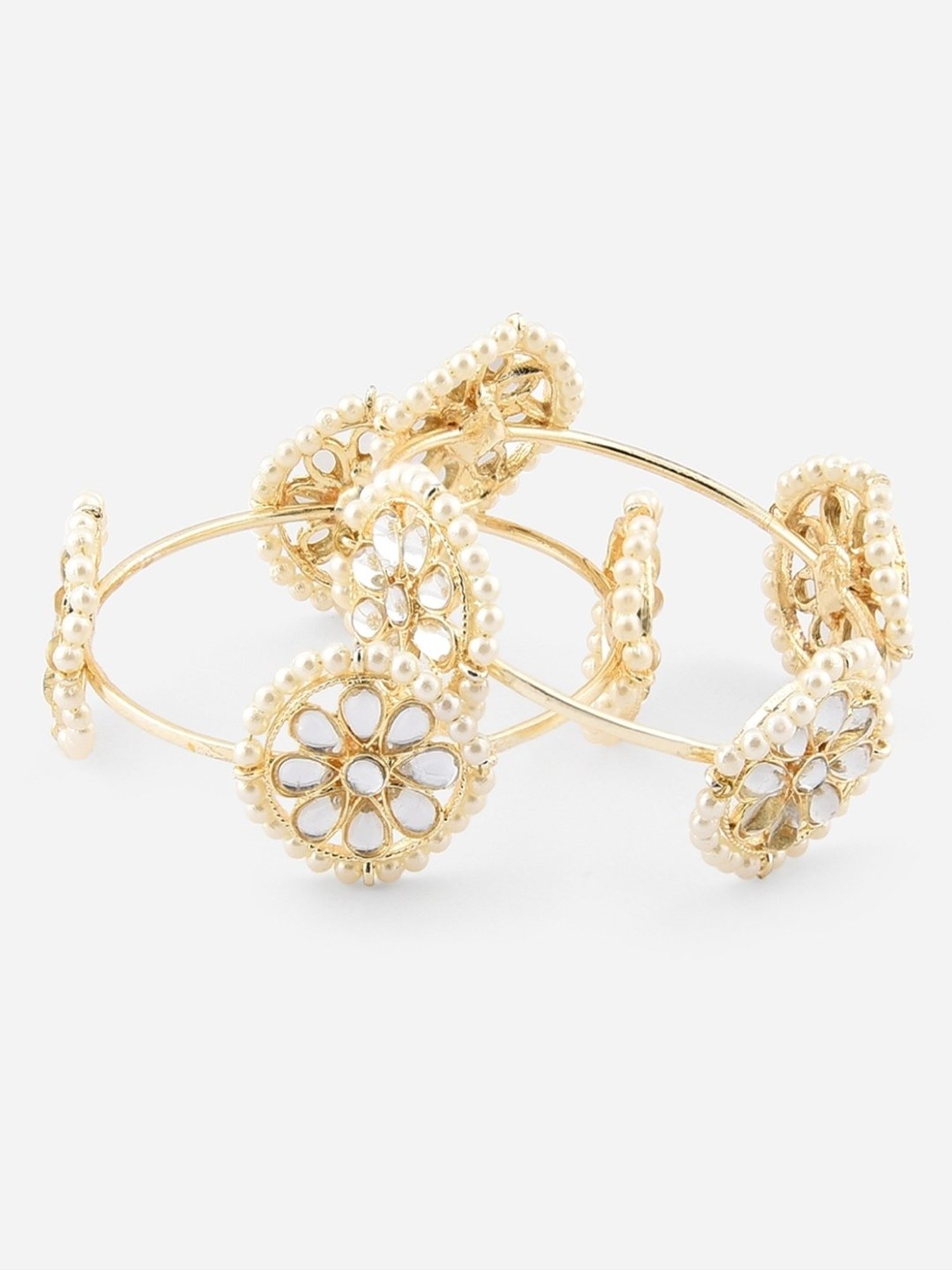 ToniQ Ethnic Traditional Kundan Pearl White Bangle for Women - Set of 2