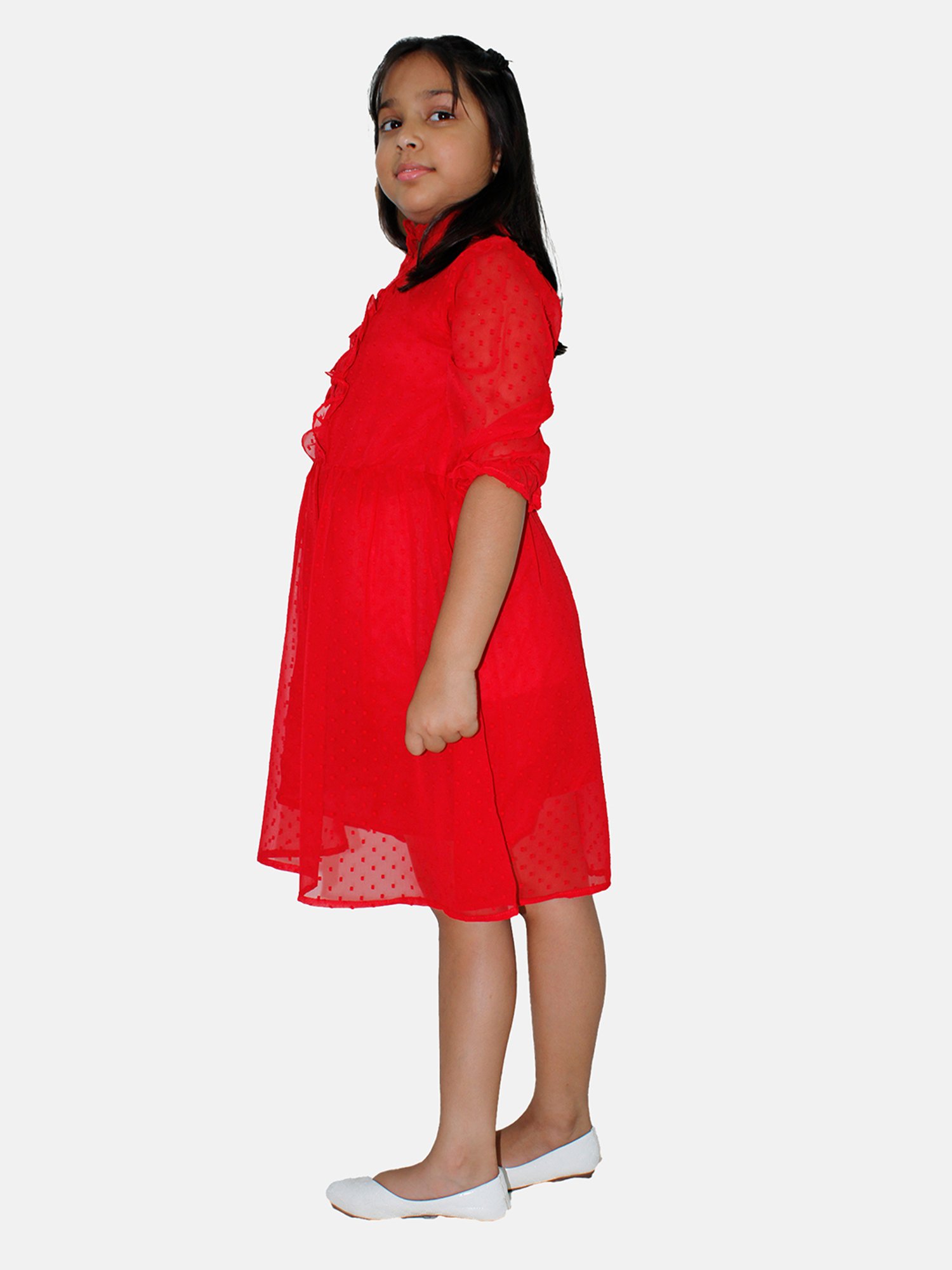 Kiddopanti Kids Red Self Design Full Sleeves Dress
