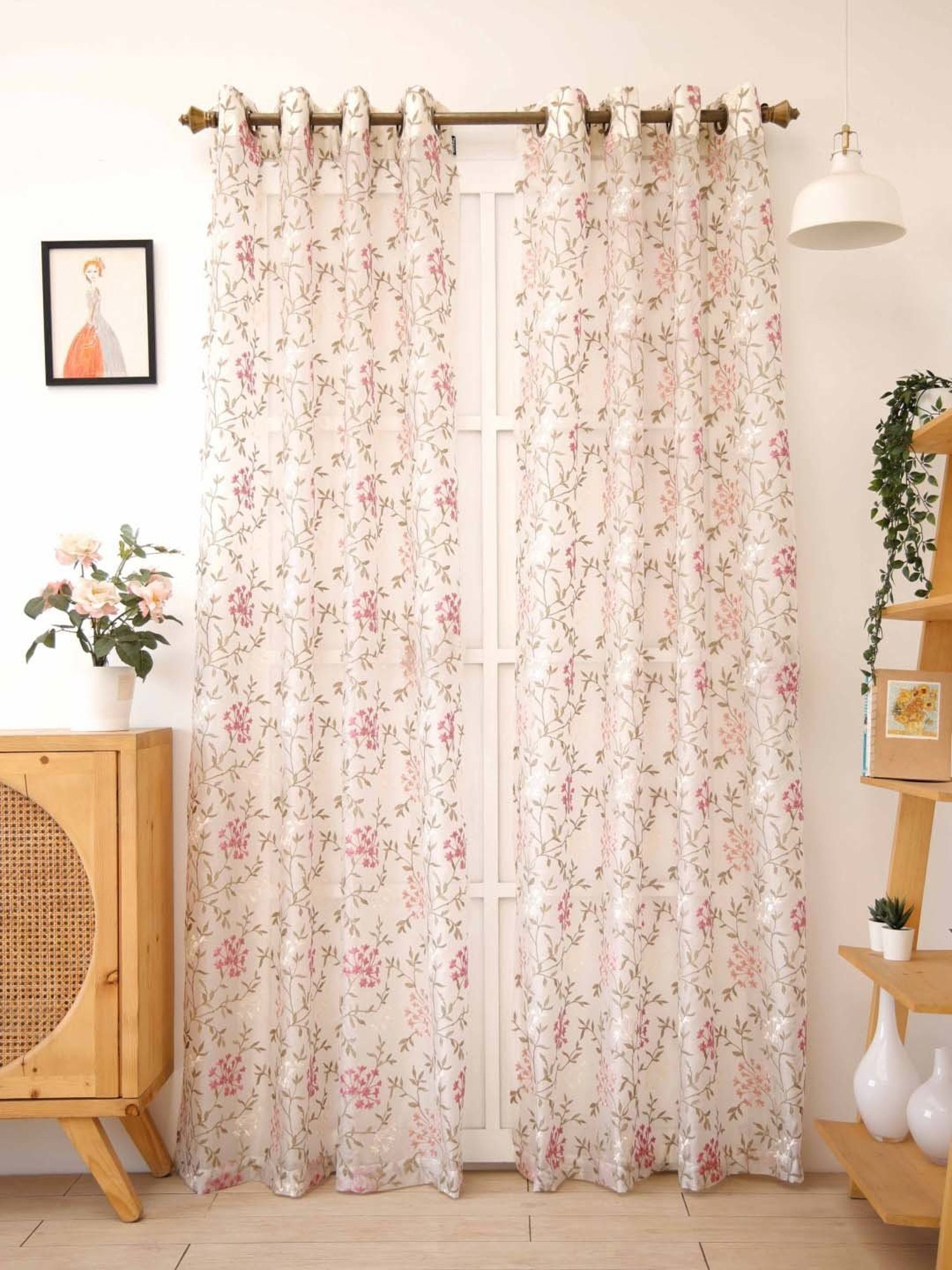 Ariana Beige & Pink Polyester 5 Ft Window Curtain - Single Piece