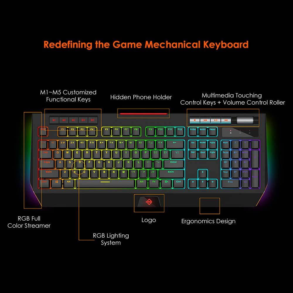 Docooler Mechanical Keyboard USB Wired Gaming Backlit Keyboard with RGB Light Phone Holder Multimedia Roller Programmable 114 Keys for Laptop PC Desktop Computer Gamer Keyboard Ajazz