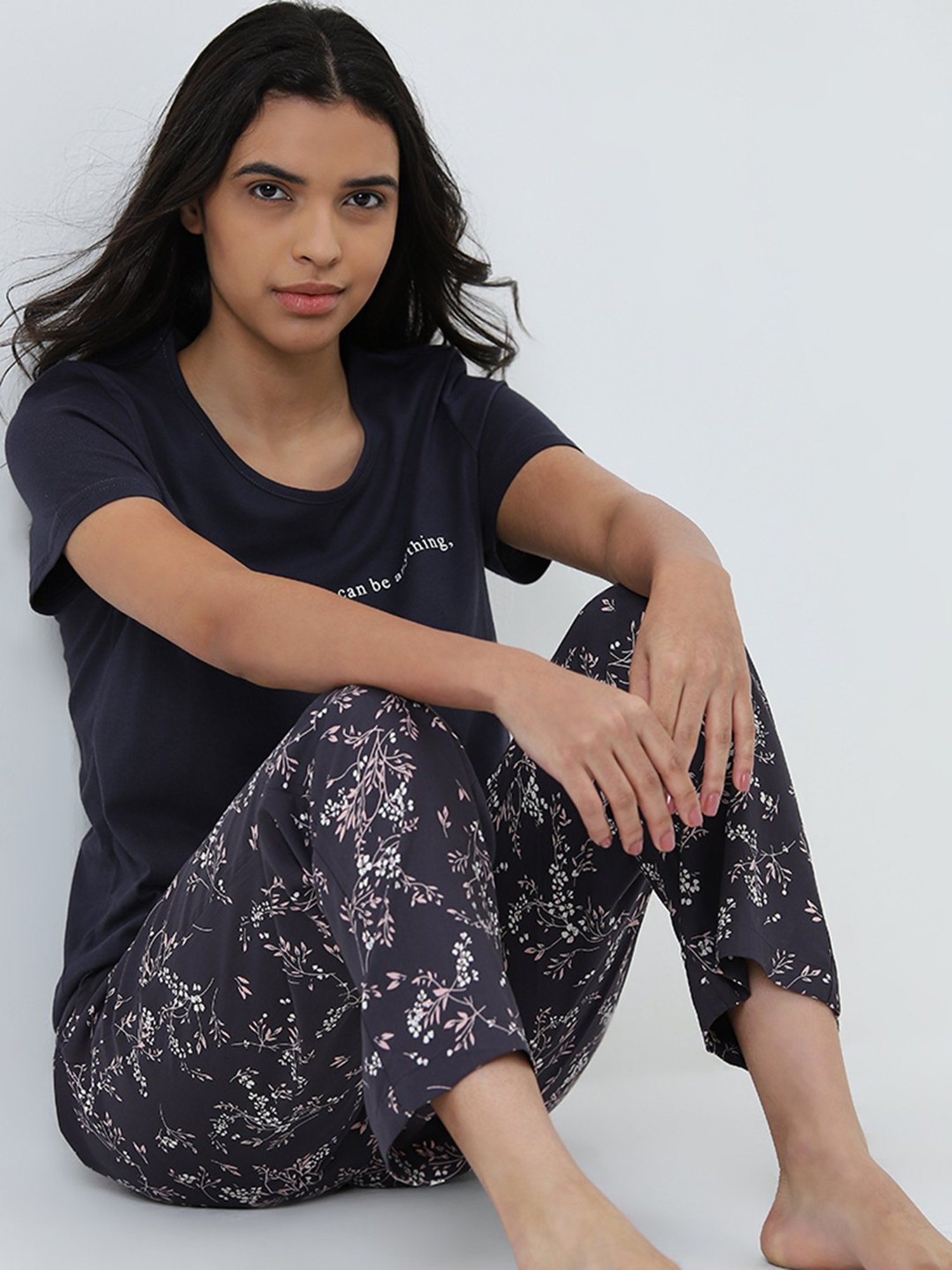 Wunderlove by Westside Dark Grey Floral Printed High-Rise Lounge Pants