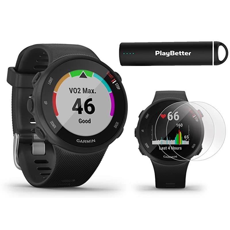 Garmin Forerunner 45S GPS Running Watch Power Bundle | Includes  Portable Charger & HD Screen Protectors | Running Heart Rate Watch | Pace, Distance, Stress Tracking | Black, 010-02156-02