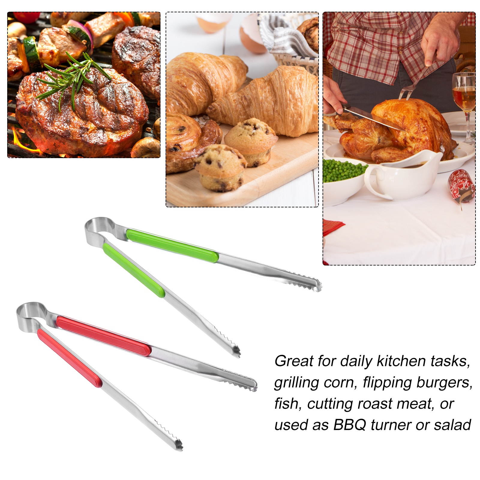 2pcs Practical Food Tong Stainless Steel Steak Clamp Multifunctional BBQ Clip