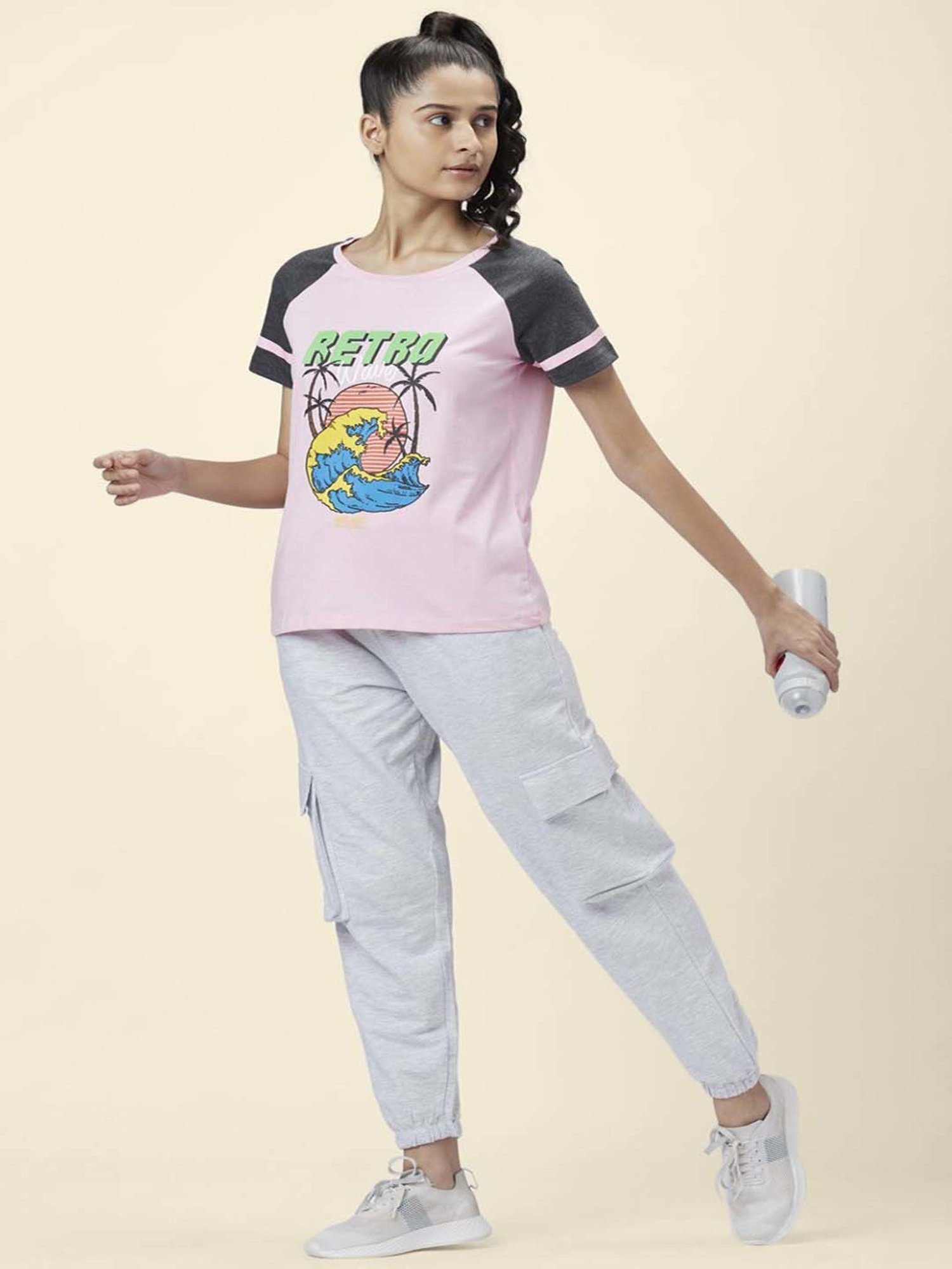Ajile by Pantaloons Pink & Grey Cotton Graphic Print Sports T-Shirt