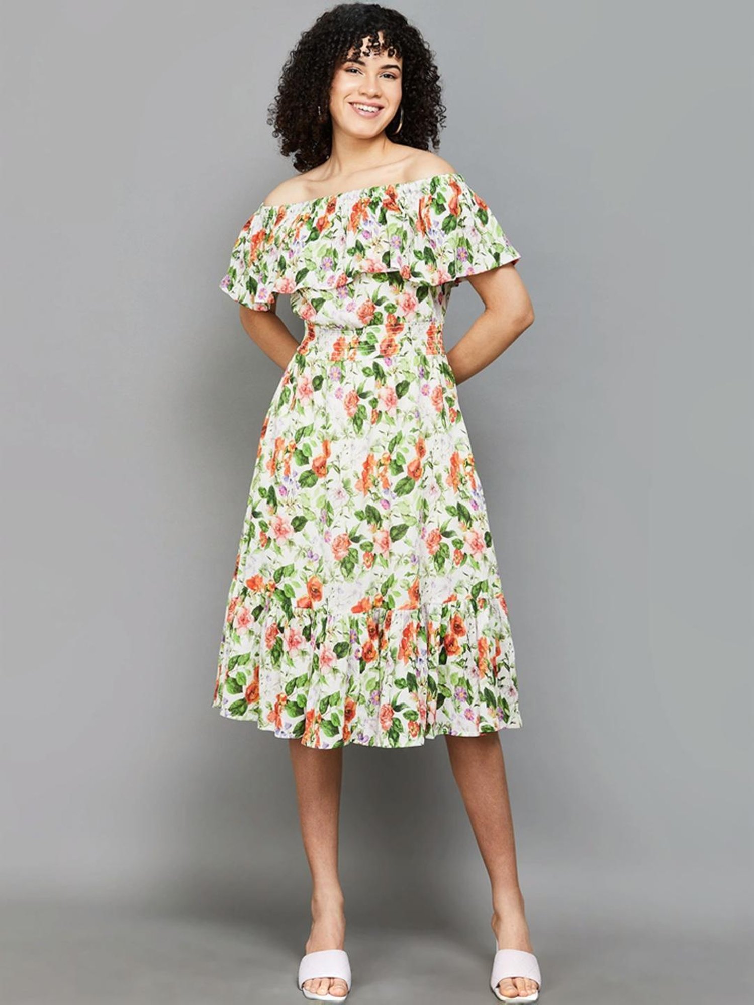 Colour Me by Melange Off-White Cotton Floral Print A-Line Dress