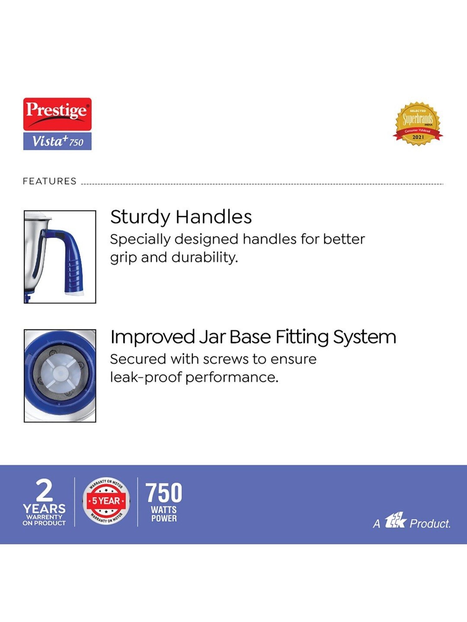 Prestige Deluxe LS Blue 750W Mixer Grinder with 3 Stainless Steel Jars