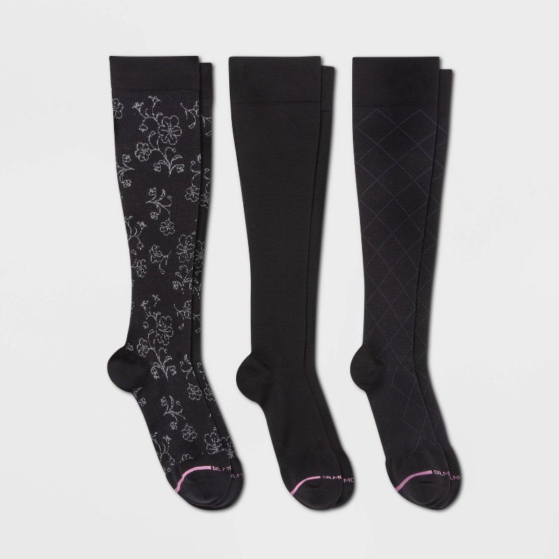 Dr. Motion Women's Mild Compression 3pk Knee High Socks - Black Patterns