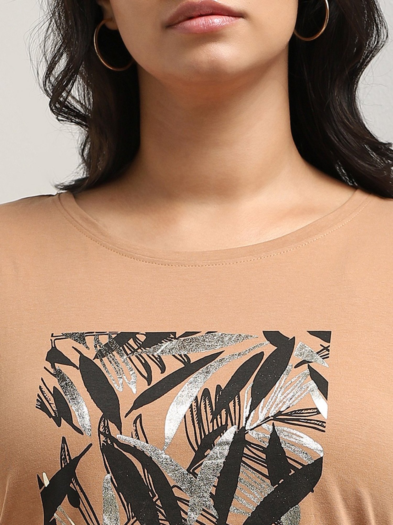 Gia by Westside Light Brown Leaf Design Cotton T-Shirt