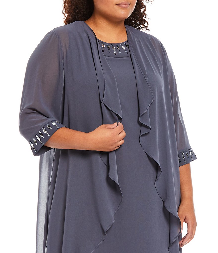Ignite Evenings Plus Size Jewel Neck 3/4 Sleeve Embellished Chiffon 2-Piece Jacket Dress