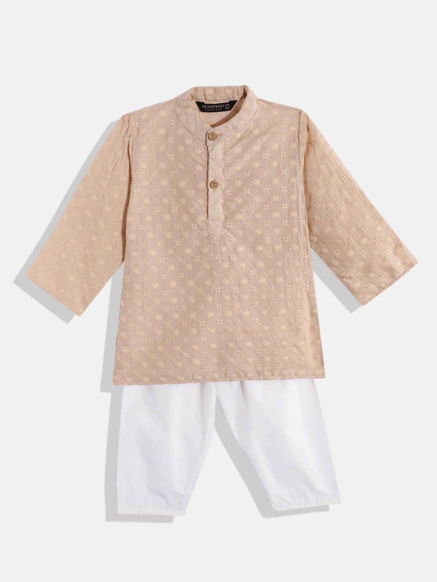 READIPRINT FASHIONS Kids Beige & White Embroidered Full Sleeves Kurta with Pyjamas