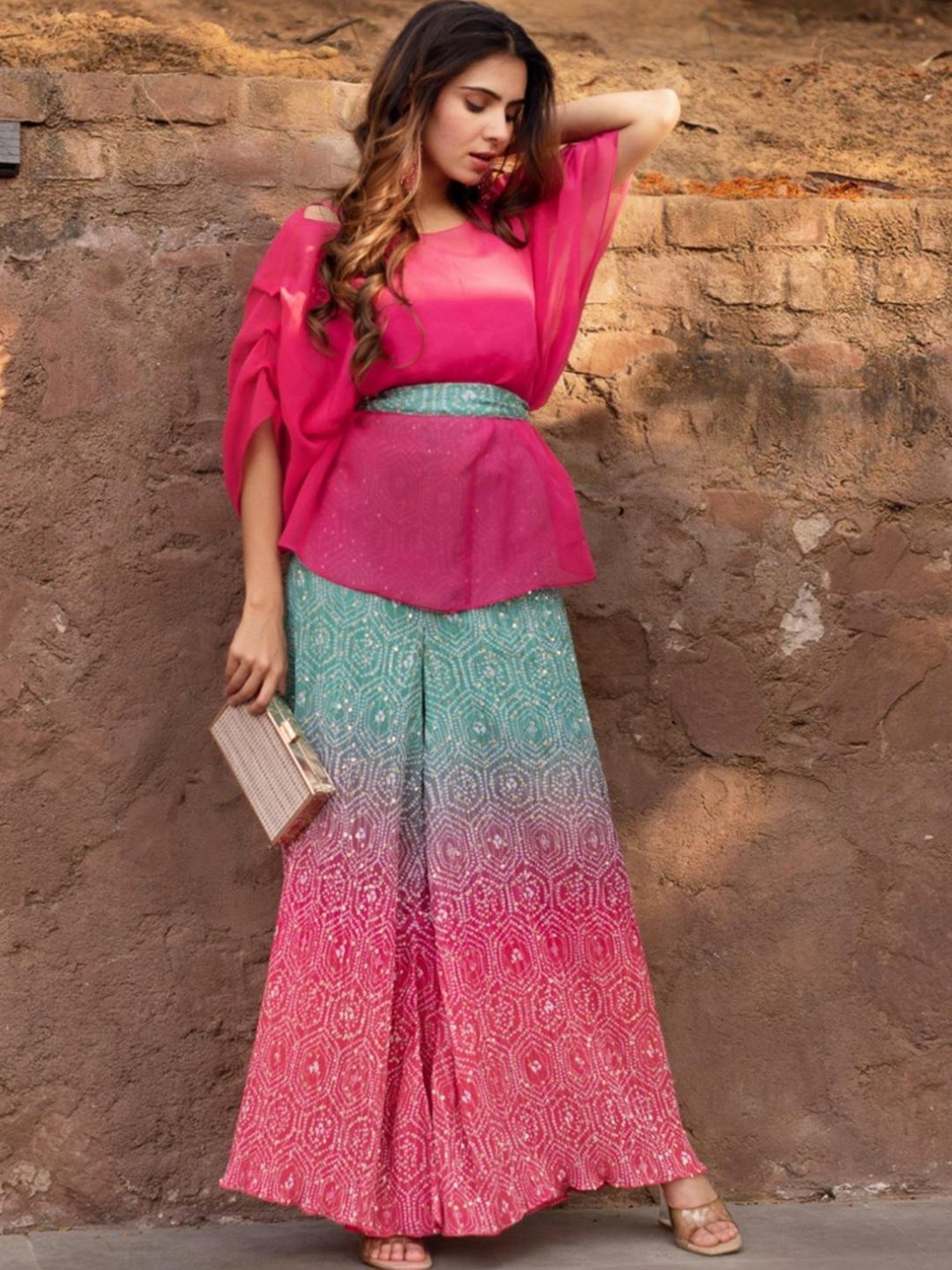 Calmna Pink & Green Crushed Top with Sharara