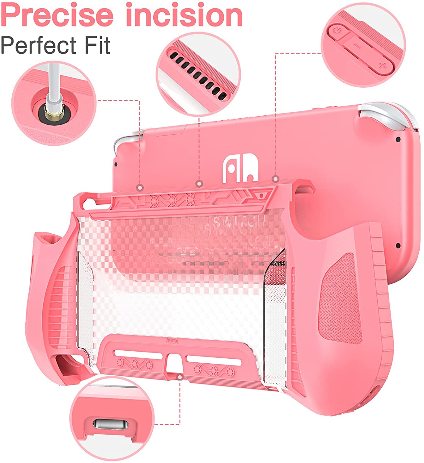 HEYSTOP Case Compatible with Nintendo Switch Lite, with Tempered Glass Screen Protector and 6 Thumb Grip, TPU Protective Cover for Switch Lite with Anti-Scratch/Anti-Dust (Pink)