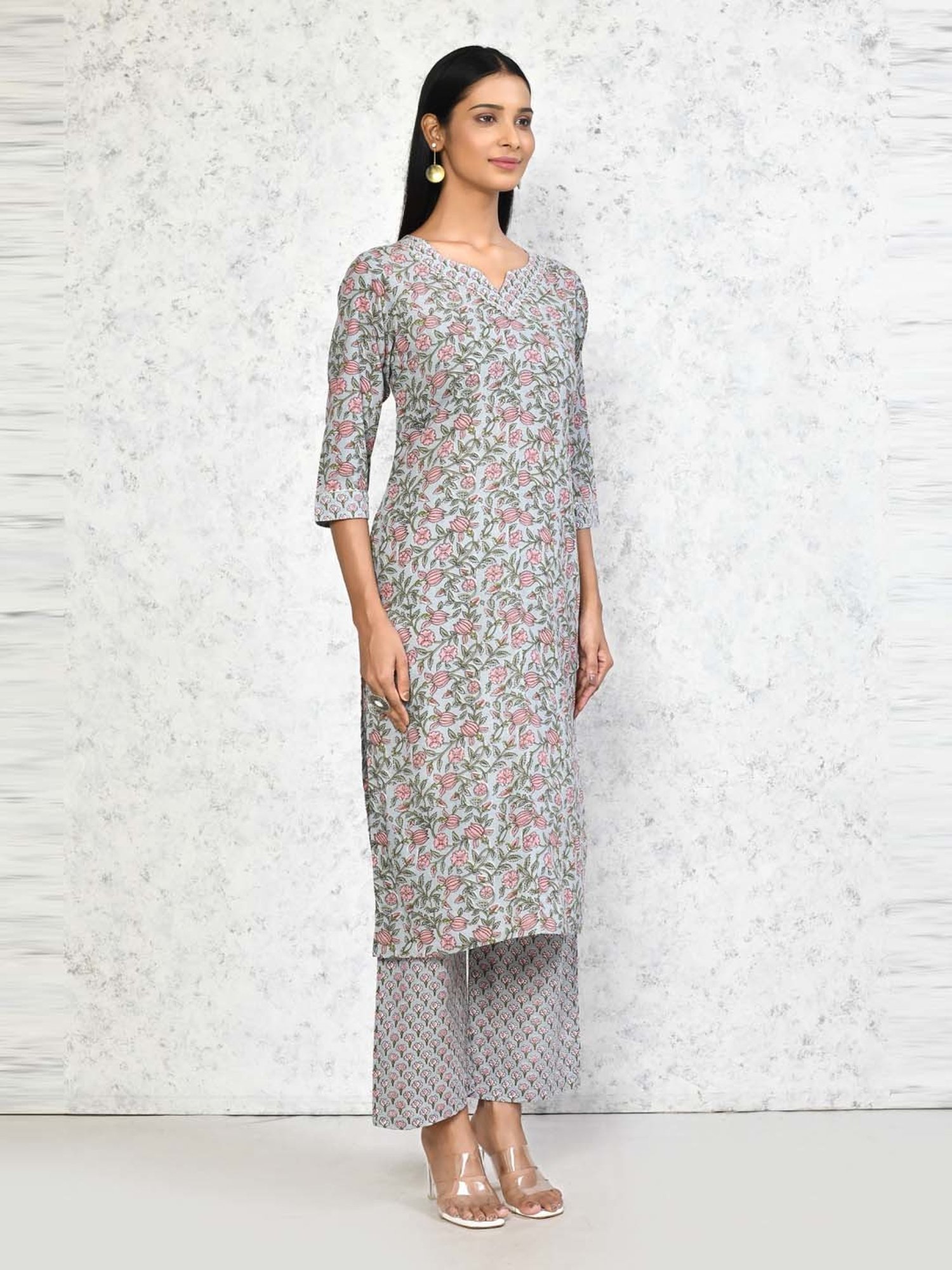 Miravan Blue Cotton Printed Kurta Palazzo Set