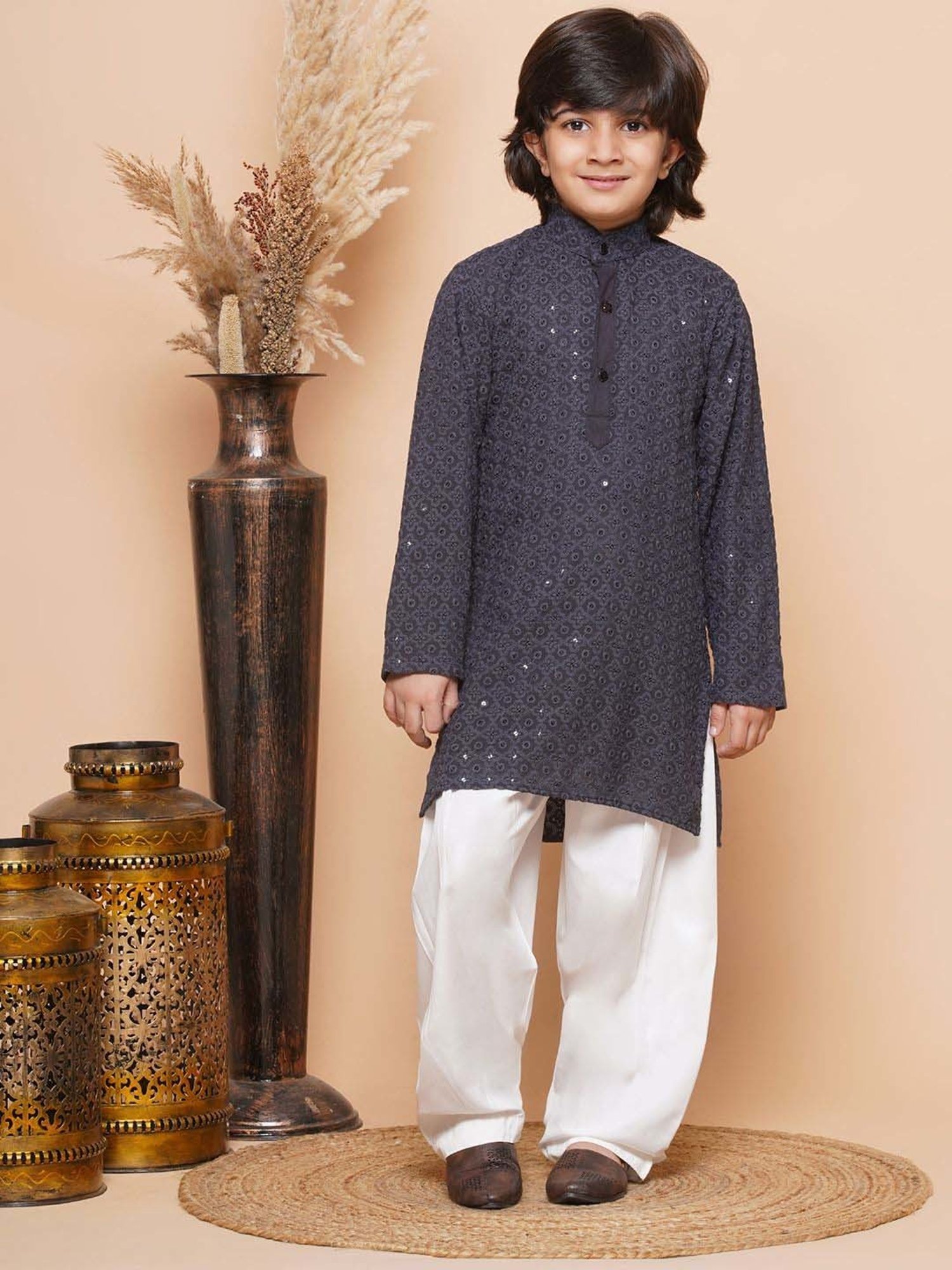 AJ Dezines Kids Grey & White Cotton Embroidered Full Sleeves Kurta Set