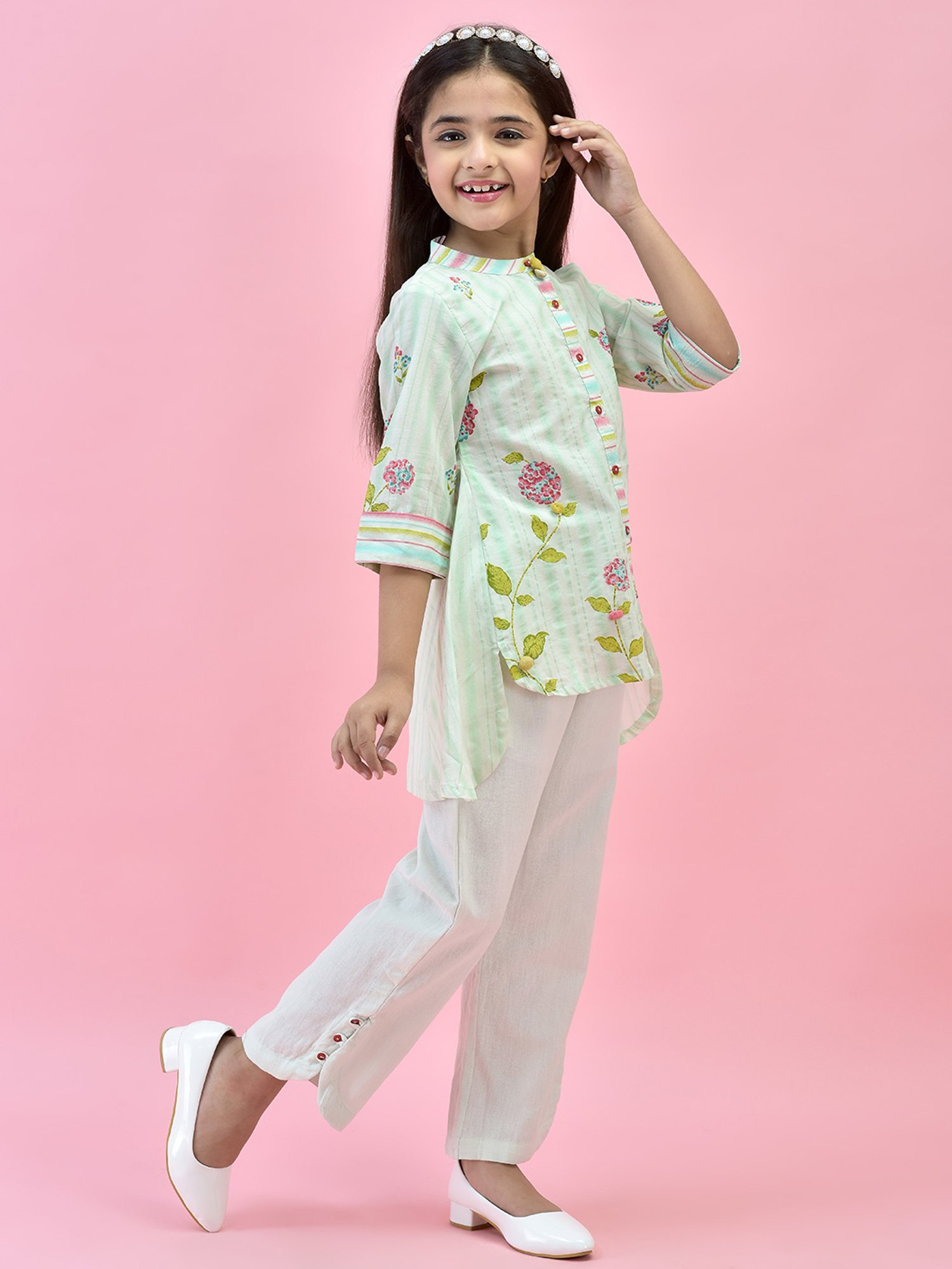 Juniper Girls Green Floral Print Shirt With Pants