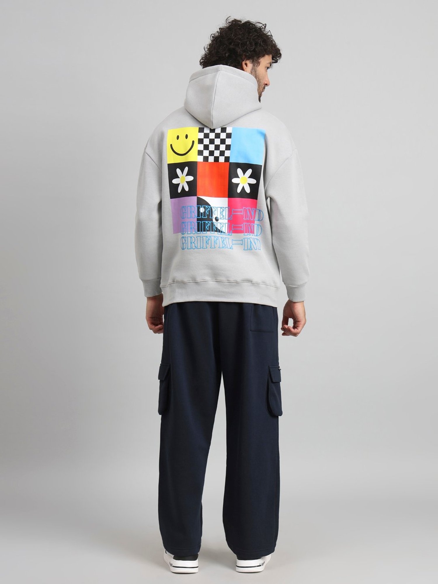 GRIFFEL Steel Grey & Navy Loose Fit Printed Oversized Hooded Sweatshirt & Trackpants Set