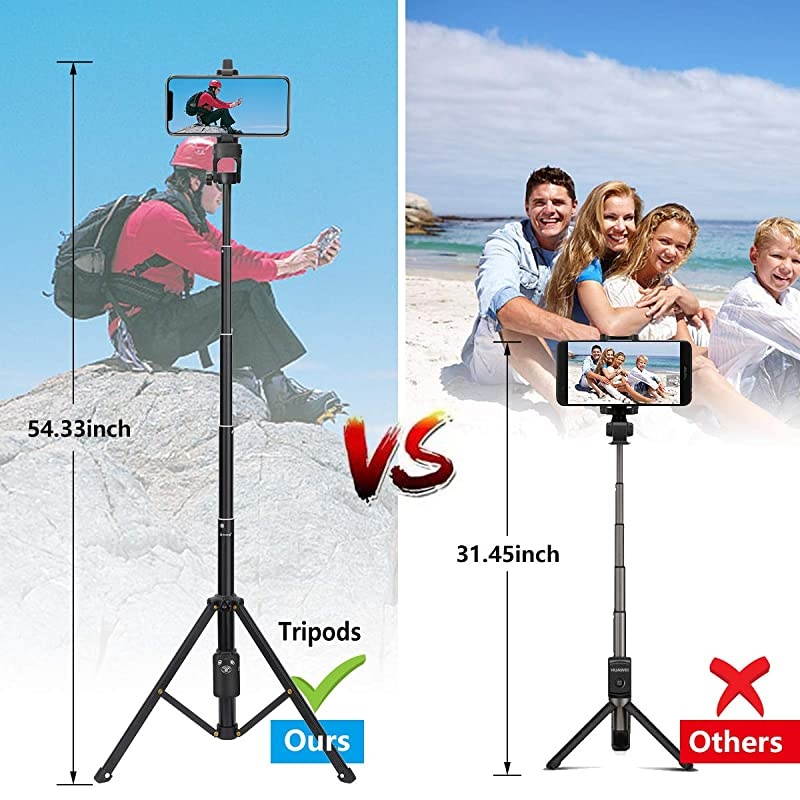 Stick Tripod,54" Extendable Tripod Stand with Cell Phone Mount Holder & Rechargeable Wireless Remote,Lightweight, Compatible with iPhone & Android Phone,Camera,Gopro