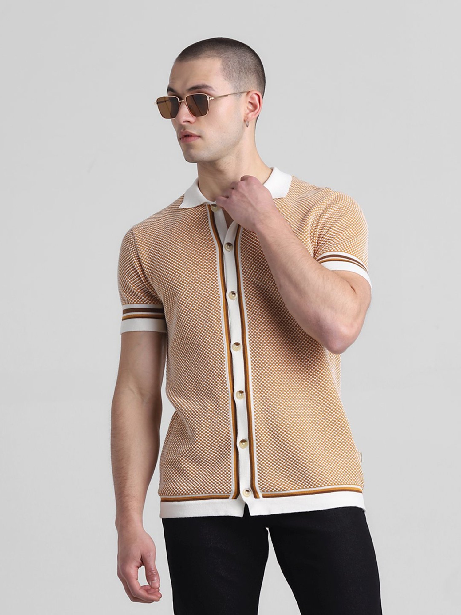 Jack & Jones Golden Yellow Cotton Slim Fit Self Pattern Sweater