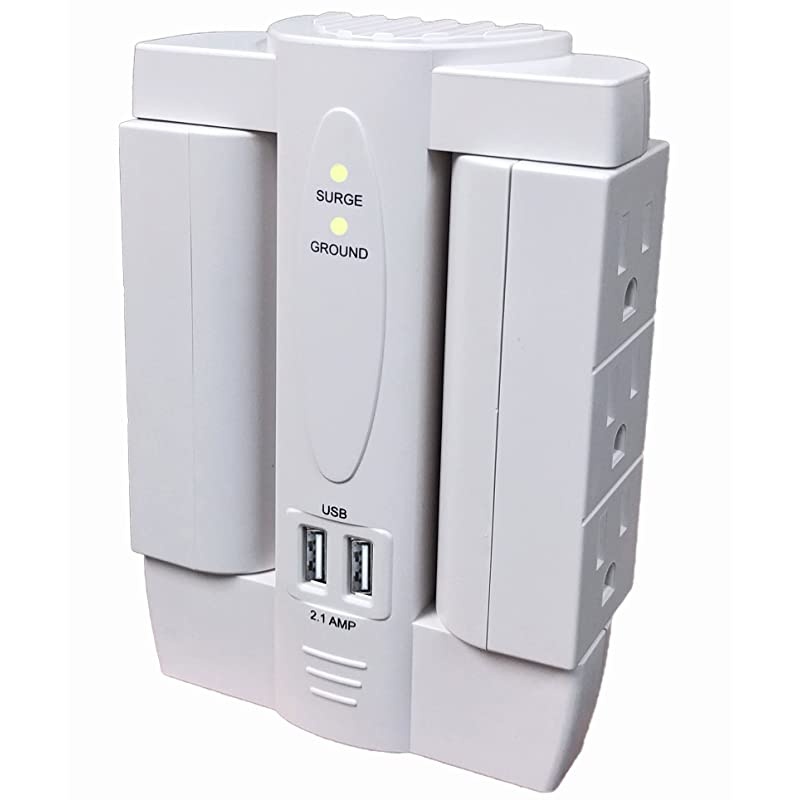 6 AC Outlet Power Surge Protector with 2 Ports USB Wall Charger 24 Amp and Swivel Sockets Black