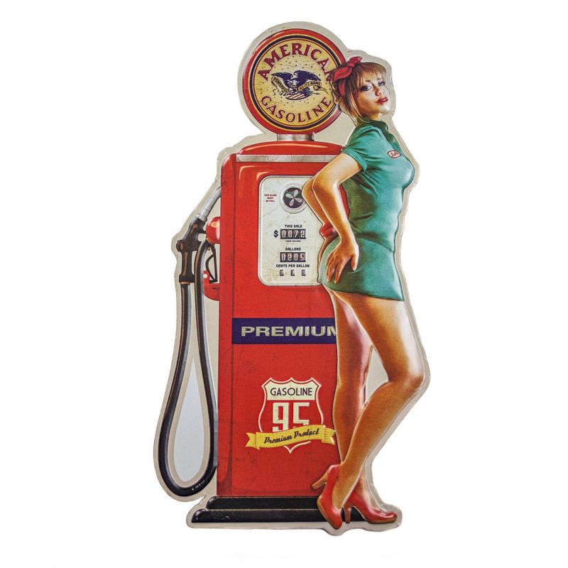 American Gas Pin Up Girl Embossed Metal Sign Red - Crystal Art Gallery