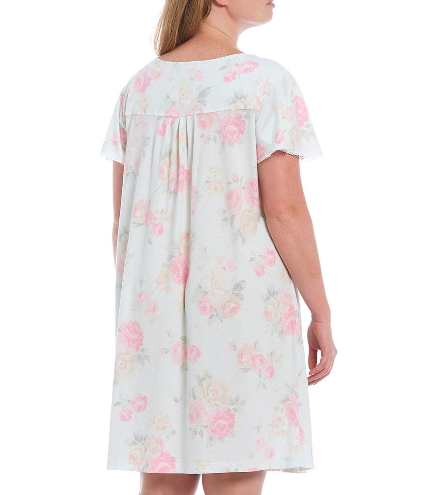 Miss Elaine Plus Floral Print Short Sleeve Knit Nightgown