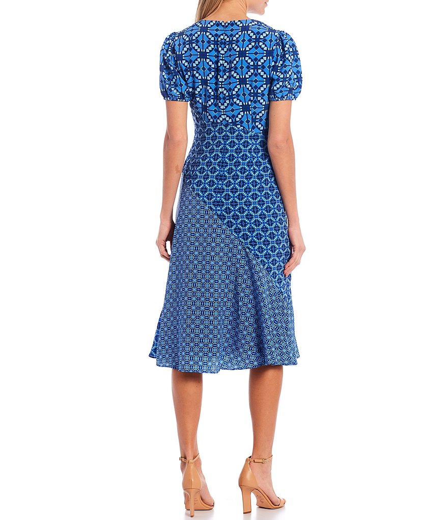Donna Morgan Mixed Print Crepe de Chine Short Puff Sleeve Midi Dress