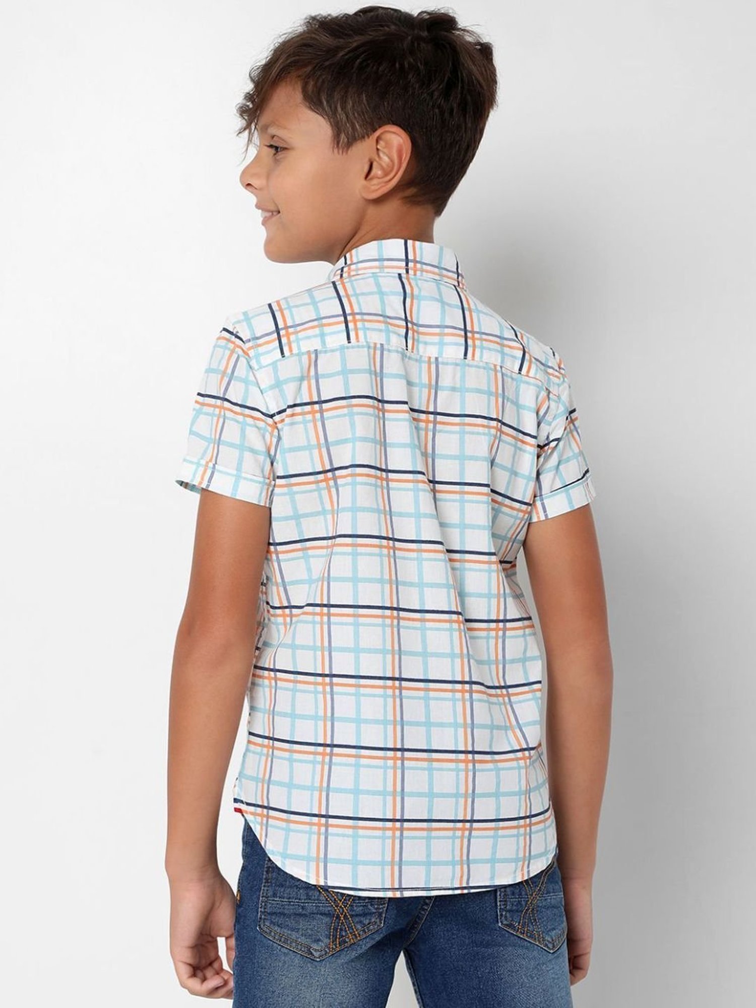 Gas Kids White & Orange Cotton Chequered Shirt