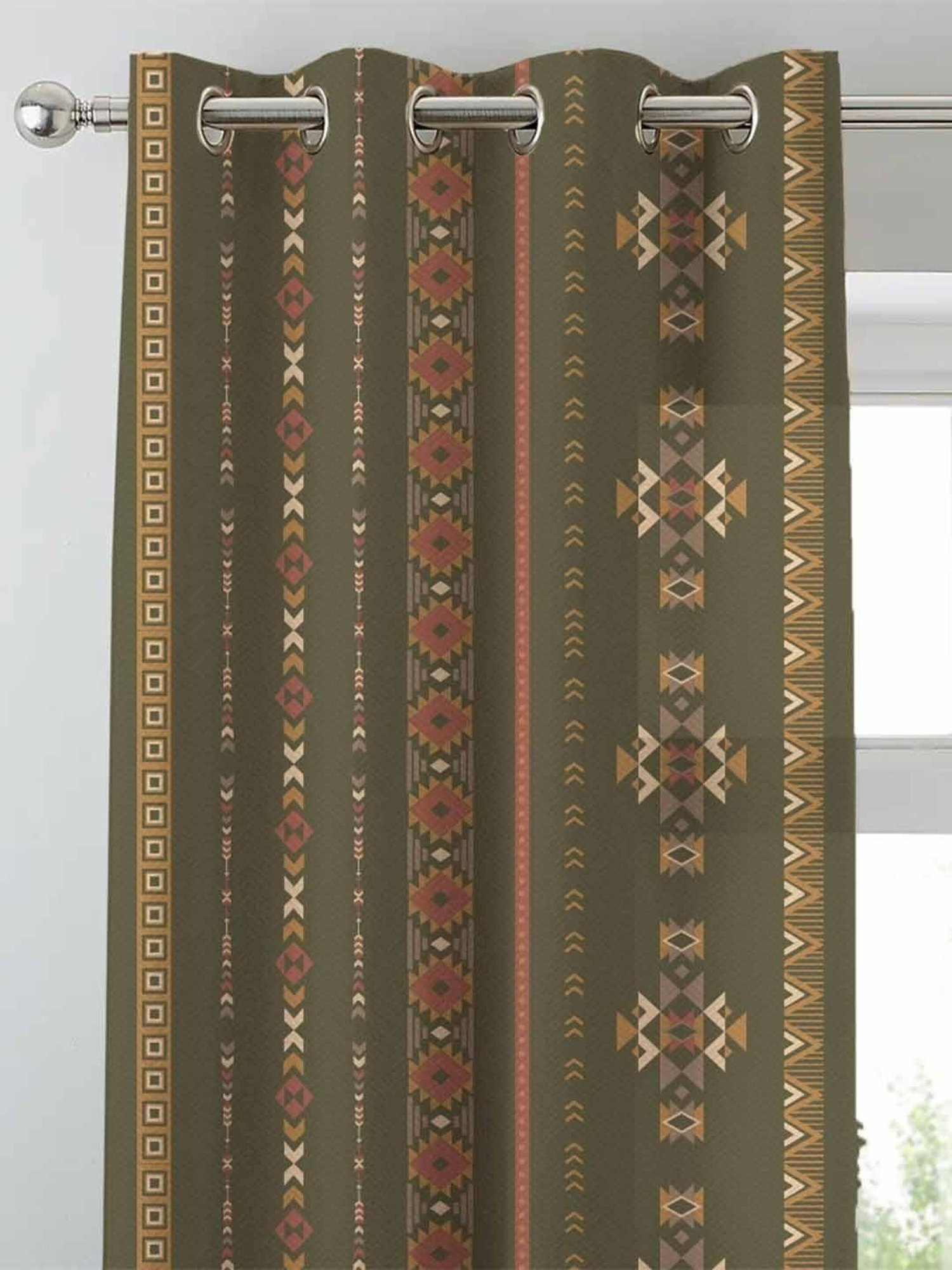 SPACES DRAPE STORY Boho Digital Print Khaki Polyester 5 ft Window Curtains - Set of 2