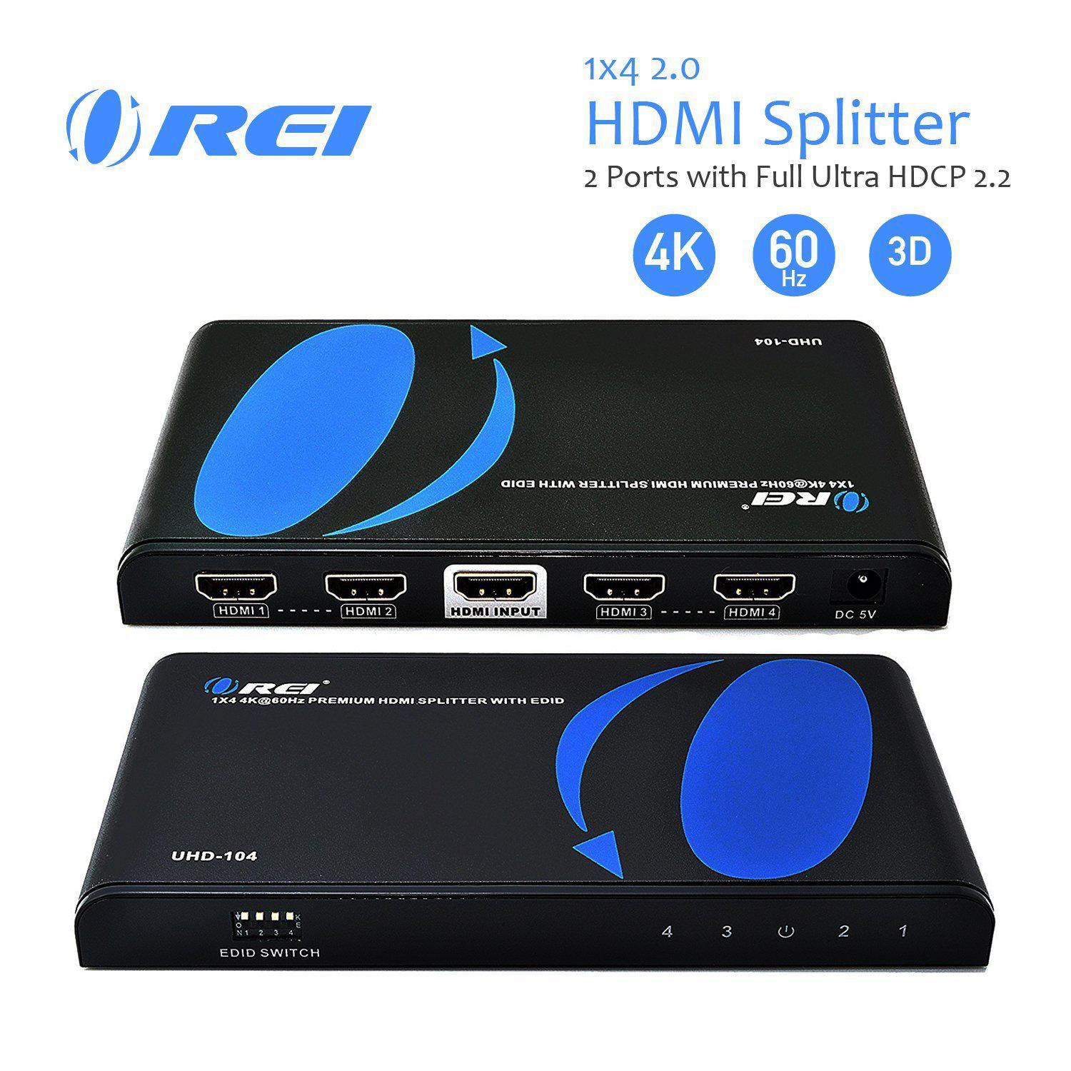 Orei 1x4 2.0 HDMI Splitter 2 Ports with Full Ultra HDCP 2.2, 4K at 60Hz & 3D Supports EDID Control - UHD-104
