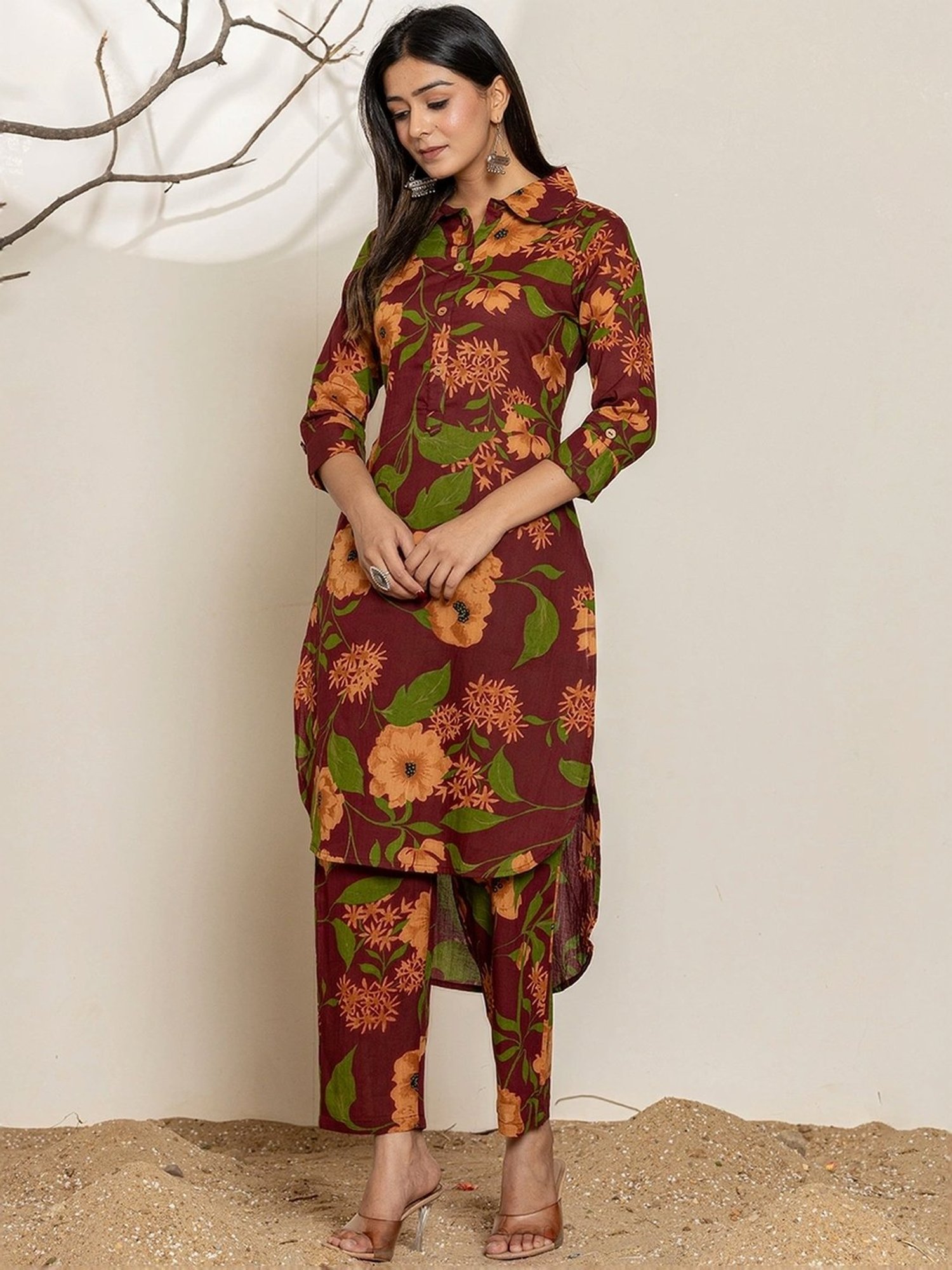 Yufta Maroon Cotton Printed Tunic Pants Sets