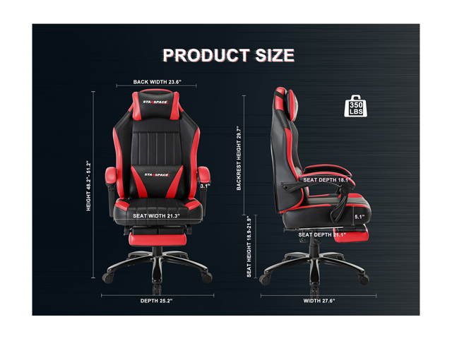 STARSPACE High Back 350lb Memory Foam Ergonomic Reclining Gaming Chair Metal Base - Adjustable Back Angle and Retractable Footrest Racing Executive Computer Desk Office Chair with Thick Padded Arms
