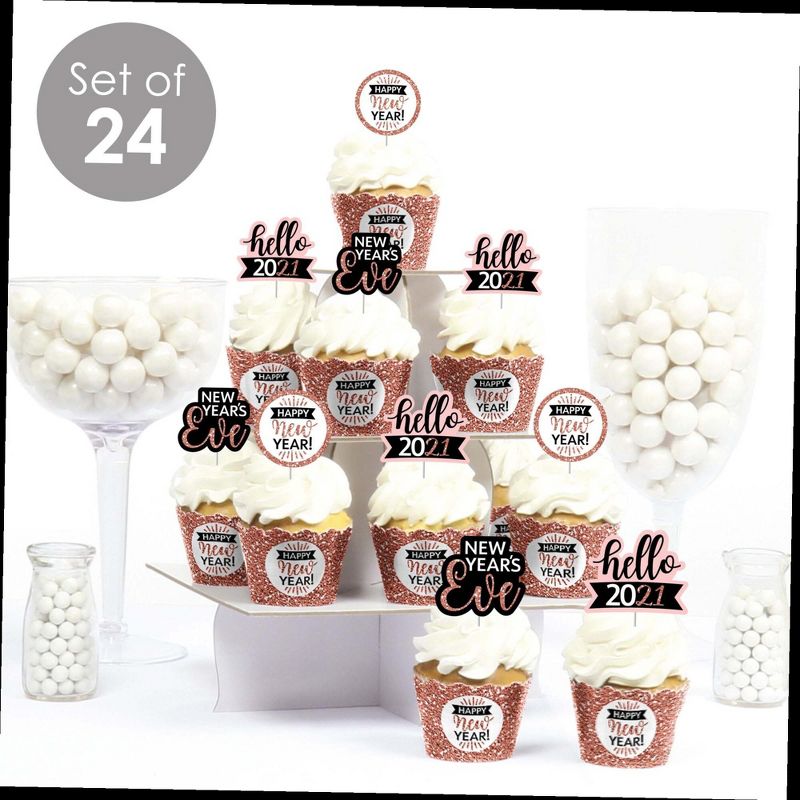 Big Dot of Happiness Rose Gold Happy New Year - Cupcake Decoration - 2021 New Year's Eve Party Cupcake Wrappers and Treat Picks Kit - Set of 24