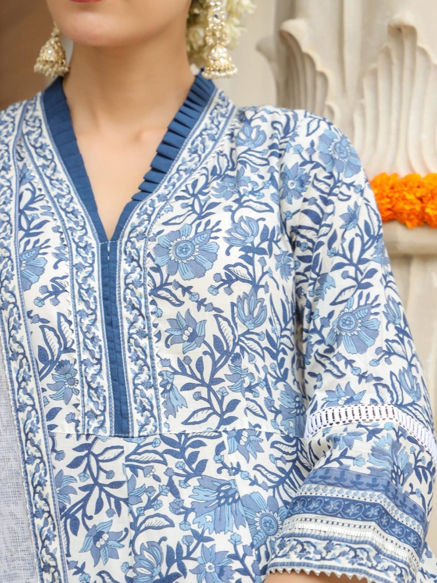 Rain and Rainbow Blue Cotton Floral Print Kurta Pant Set With Dupatta