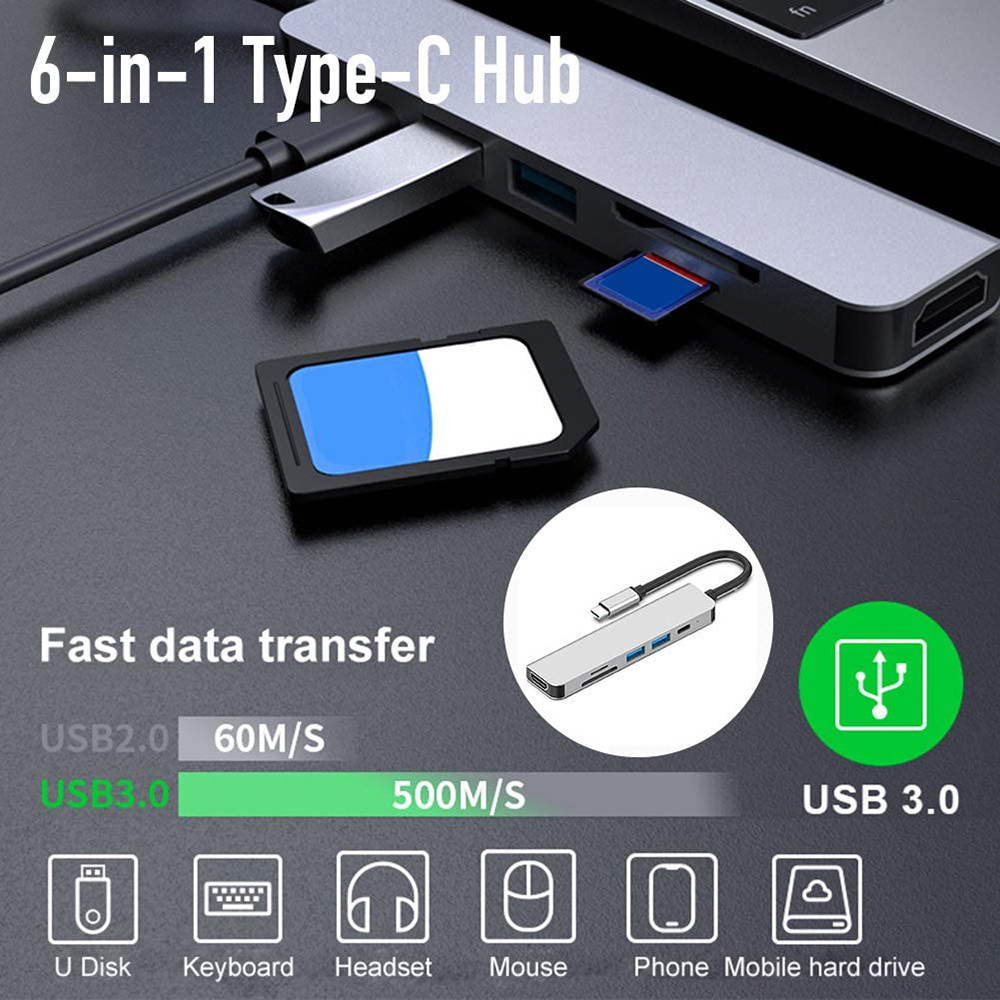 USB C Hub, 6-in-1 USB Type C Adapter with 4K HDMI Port, PD Port, 2 USB 3.0 Ports, TF/SD Card Reader for Apple MacBook Pro, iPad Pro, Surface, Chromebook and More USB C Devices