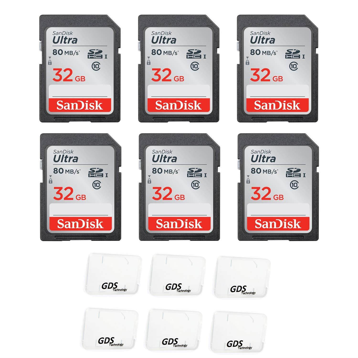 6 x Genuine SanDisk Ultra 32GB Class 10 SDHC Flash Memory Card Up To 80MB/s Memory Card (SDSDUNC-032G-GN6IN) with slim memory card case (6pcs)