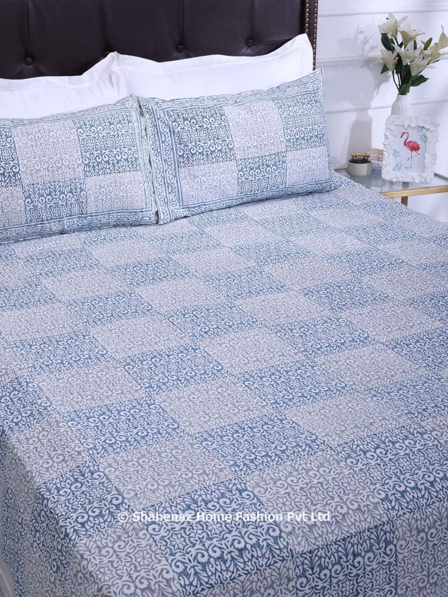 Shahenaz Blue & Grey 120 TC Cotton Parvati Double Bedsheet with 2 Pillow Covers