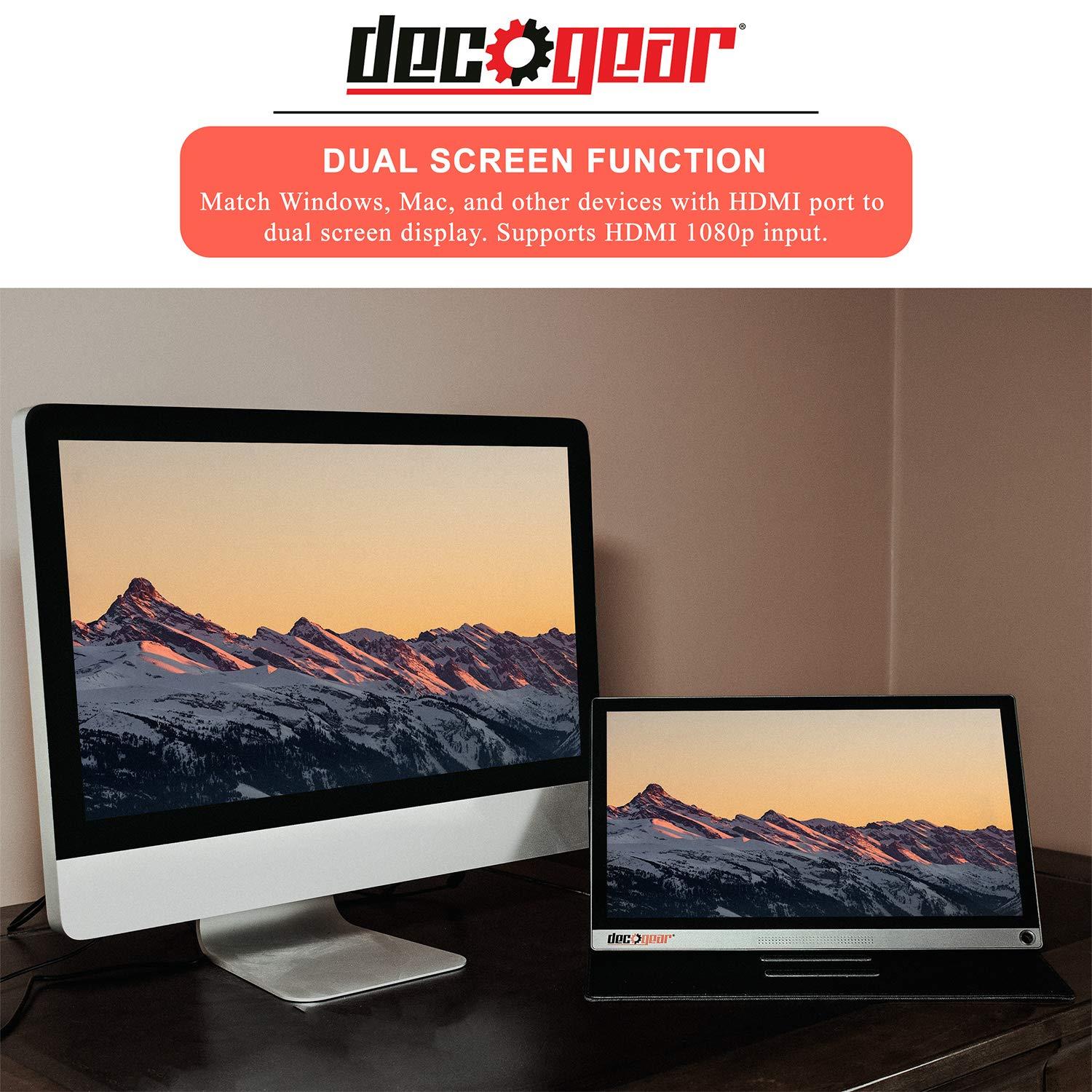 Deco Gear 15.6 Portable Monitor 1080p IPS HD Panel, Touchscreen with 10 Point Capacitive Control, 10,000 mAh Battery, Built-in Dual Speakers & USB Type-C and HDMI Devices Connections