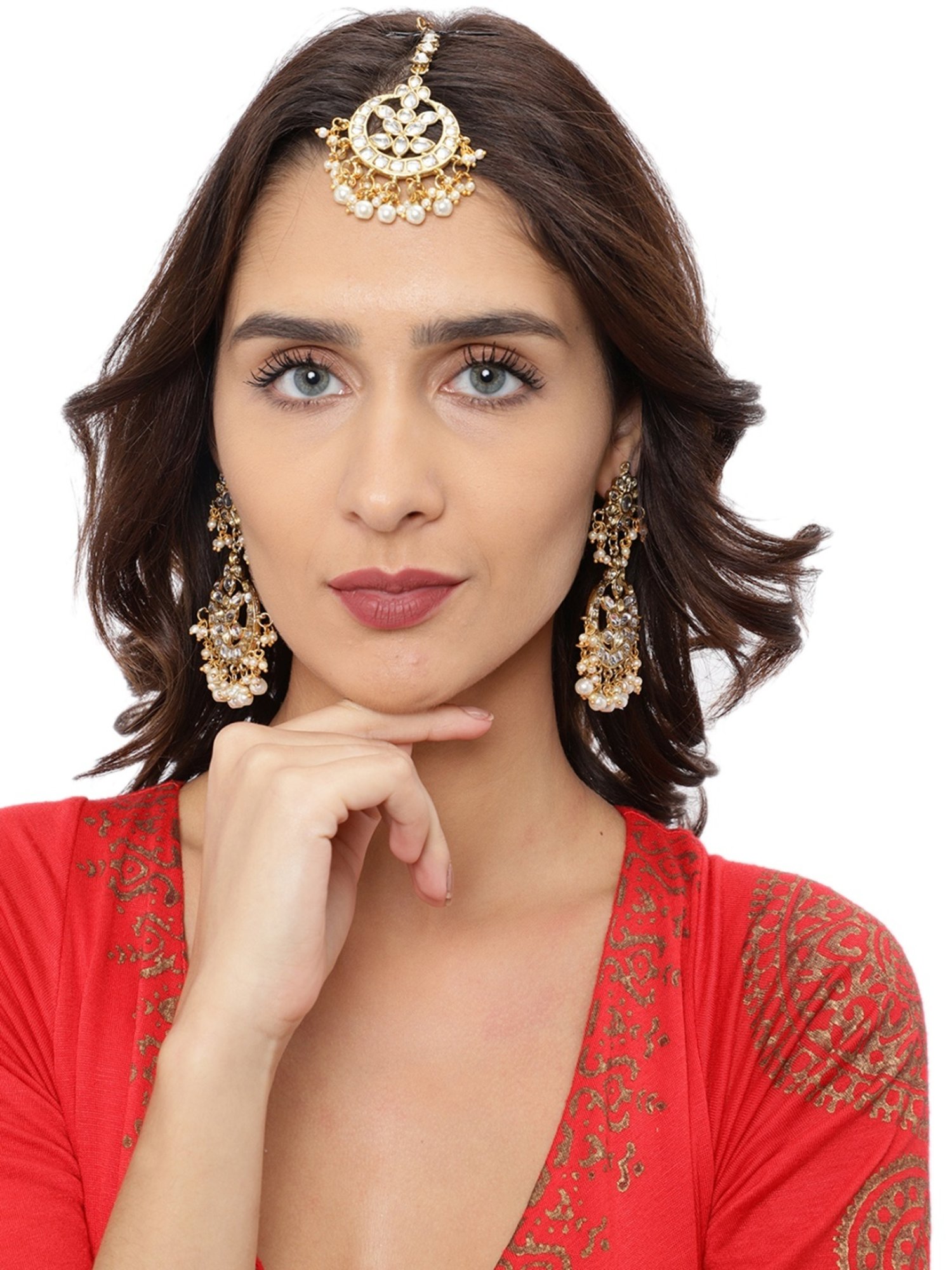 Zaveri Pearls Clear & White Alloy Earring & Maang Tikka Set