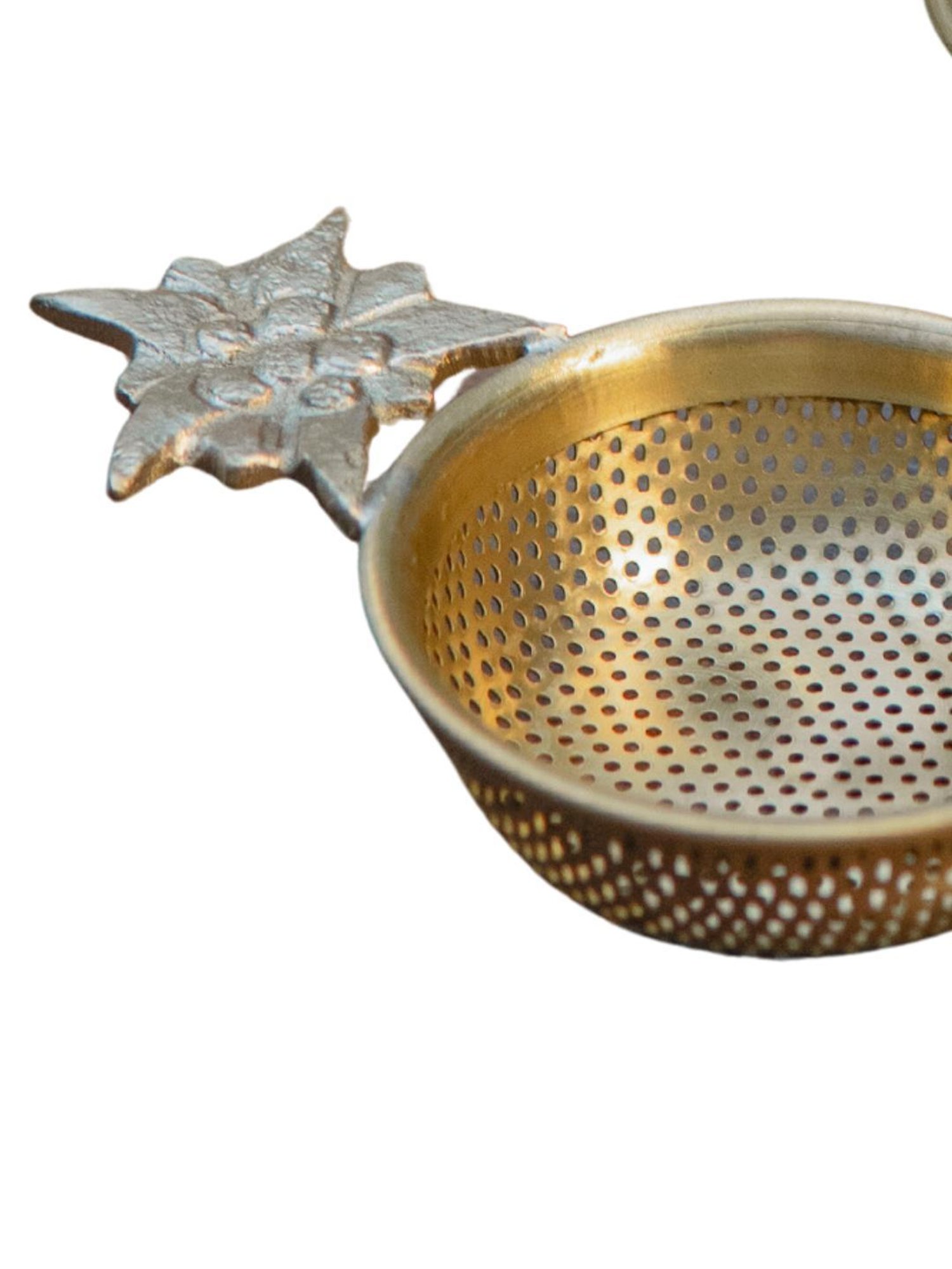 Ambi Gold Flower Matte Finish Brass Medium Sized Tea Strainer 2 Piece Set With Wooden Holder