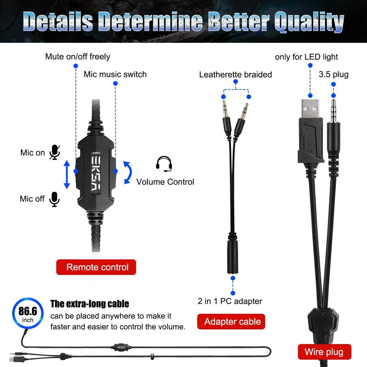 EKSA E3000 USB Gaming Headset PS4 Xbox One Headset with Noise Cancelling Mic & RGB Light - Gaming Headphones for PC, Laptop, Xbox One Controller (Adapter Not Included), PlayStation 4, Nintendo Switch